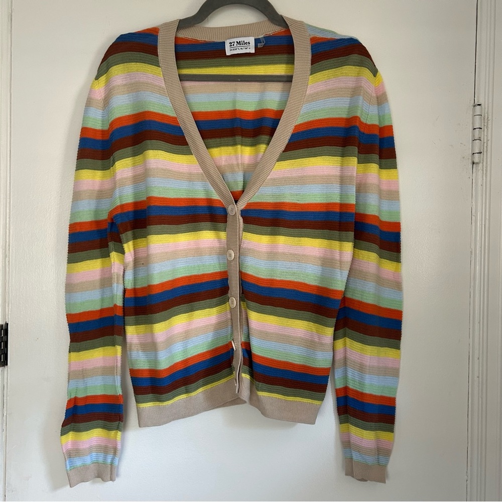 27 Miles Malibu Rainbow Stripe Button Down V Neck Knit Preppy Cardigan Sweater L